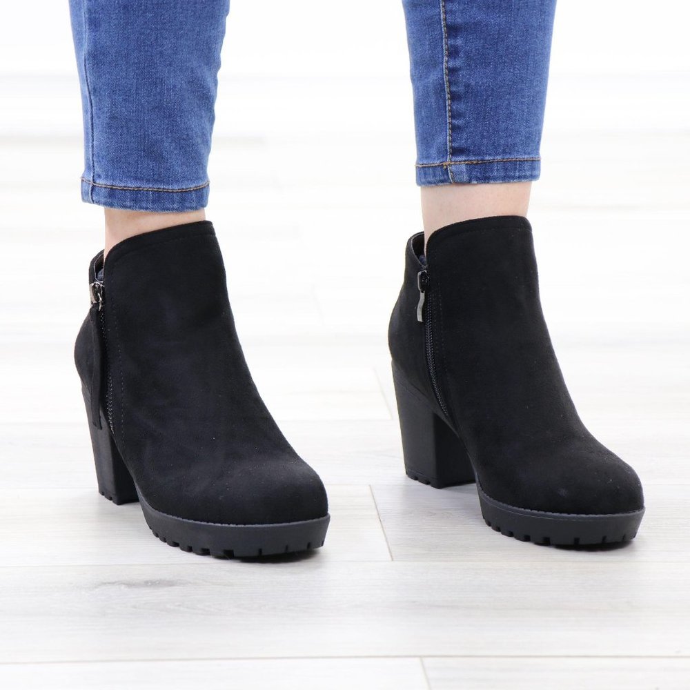 Black Suede Lug Chunky Heel Ankle Boots - Picture 6 of 16